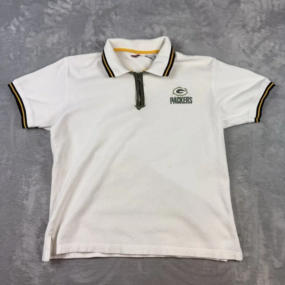 Vintage Green Bay Packers Embroidered Quarter Zip Polo Shirt White NFL L
